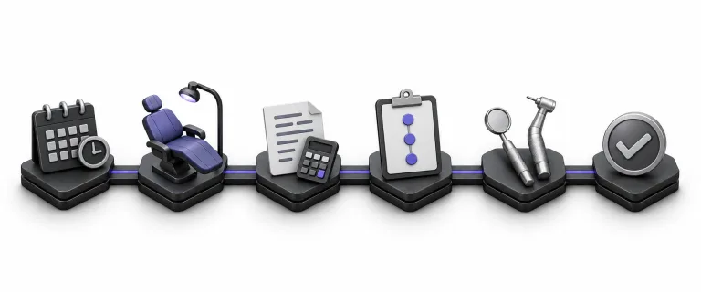 Seis etapas conectadas em 3D: calendário, cadeira odontológica, orçamento, plano de tratamento, instrumentos odontológicos e símbolo de conclusão, sobre bases em grafite com detalhes violetas.